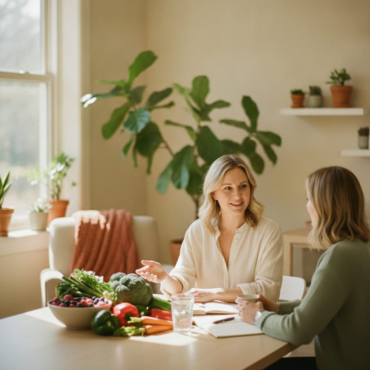Nicole en consultation avec une personne autour d’aliments frais
