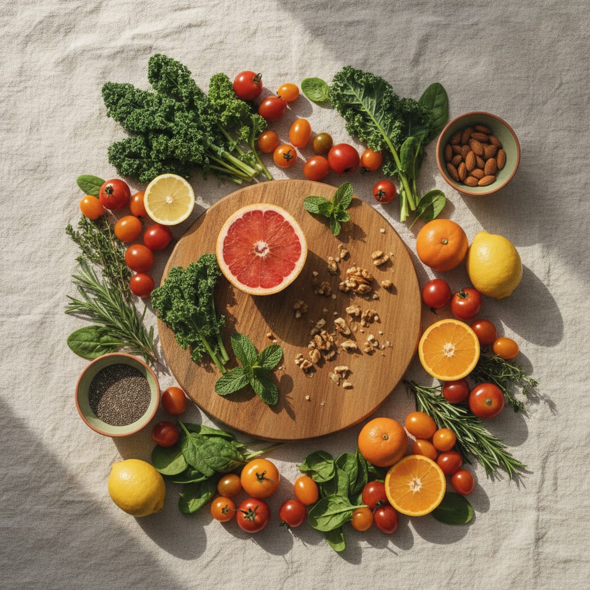 Composition de fruits, légumes et fruits secs frais sur une nappe en lin