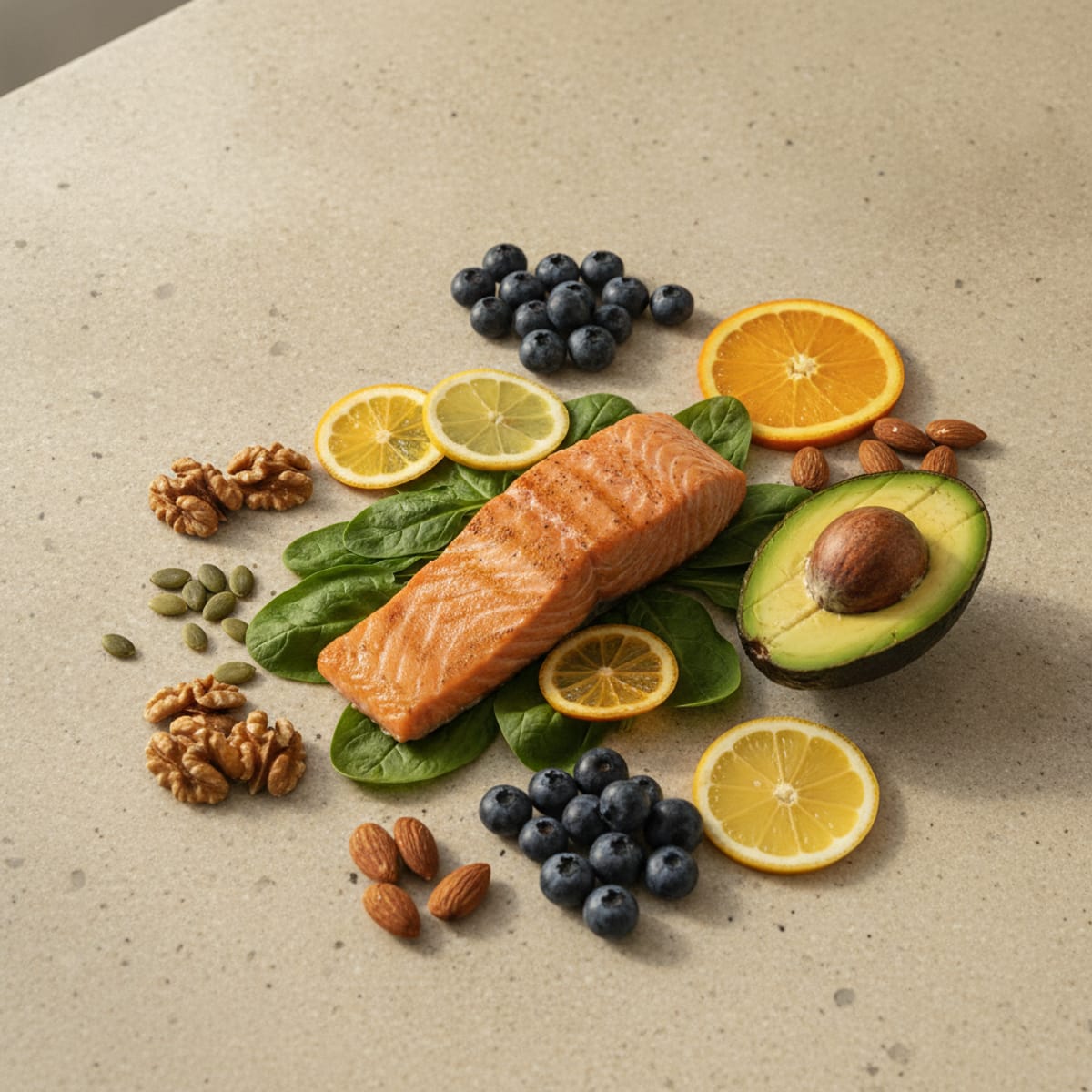 Aliments riches en micronutriments : oléagineux, poissons gras, légumes verts, agrumes